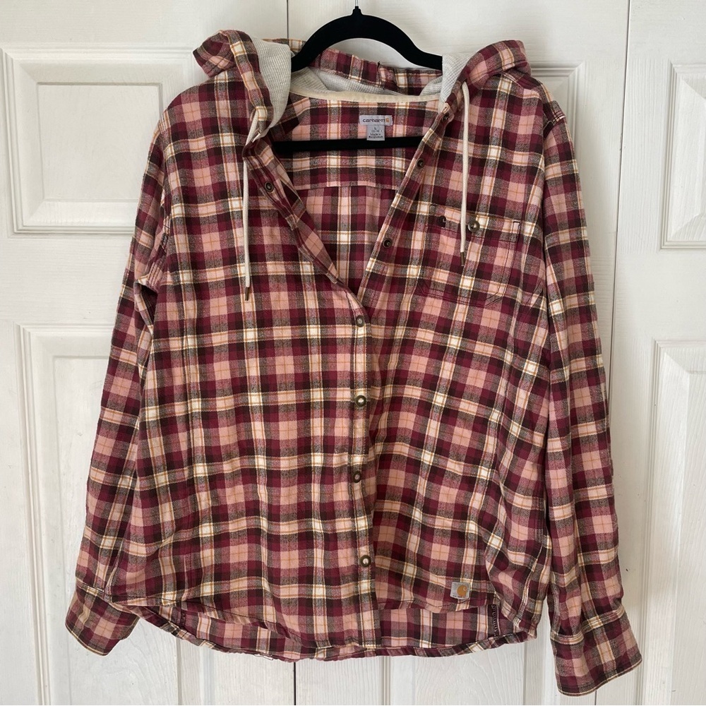 Carhartt Cotton Plaid Hooded Button Down Shirt Large